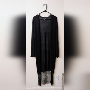 Venezia Jeans Clothing Co. Black Fringe Open Cardigan Sweater 55' Long Sz 14/16